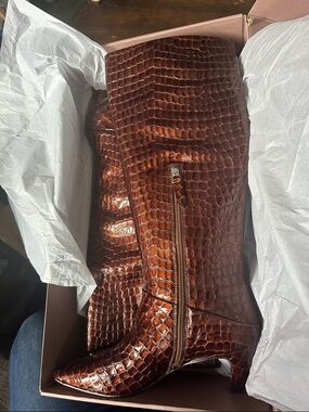 SARTO By Franco Sarto Brown Croc-Embossed Leather Knee Boots